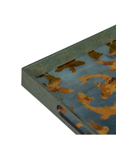 Plateau apéritif Bleu Doré PVC Verre Poissons 45 x 31 x 4,2 cm (2 Unités)