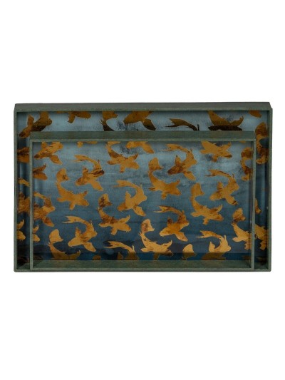 Plateau apéritif Bleu Doré PVC Verre Poissons 45 x 31 x 4,2 cm (2 Unités)