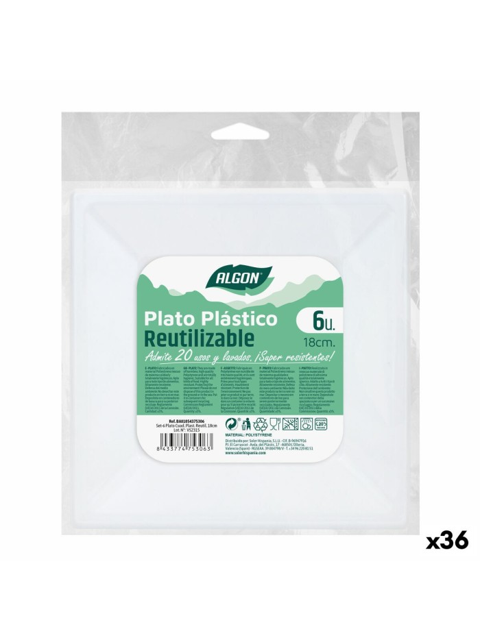 Set of reusable plates Algon Squared Plastic 18 x 18 x 2 cm (36 Units)