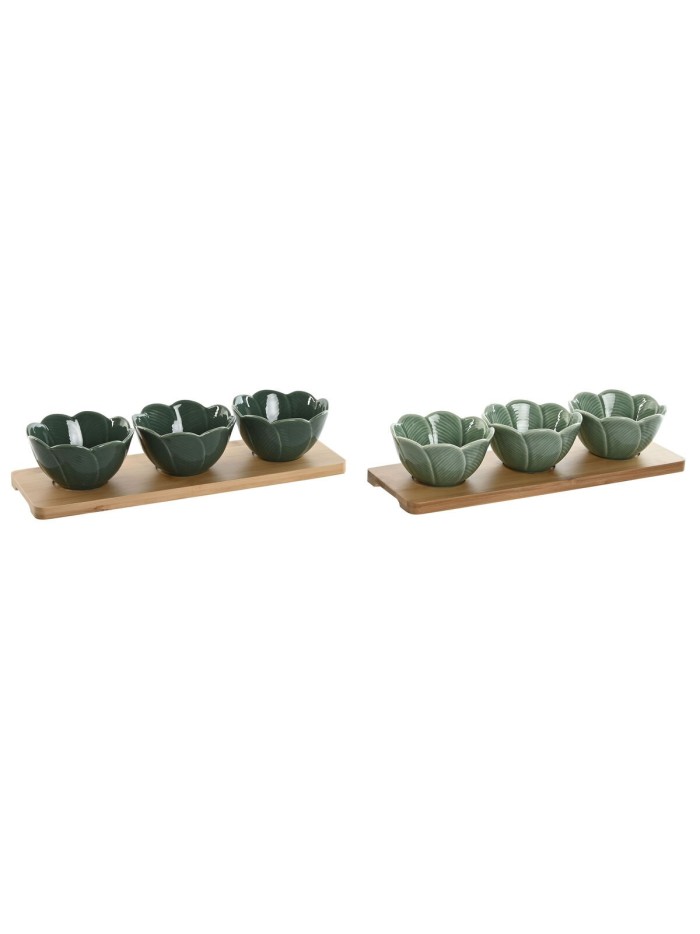Set de Aperitivo Home ESPRIT Verde Verde oscuro Bambú Porcelana Tropical 4 Piezas 32 x 10 x 7 cm (2 Unidades)