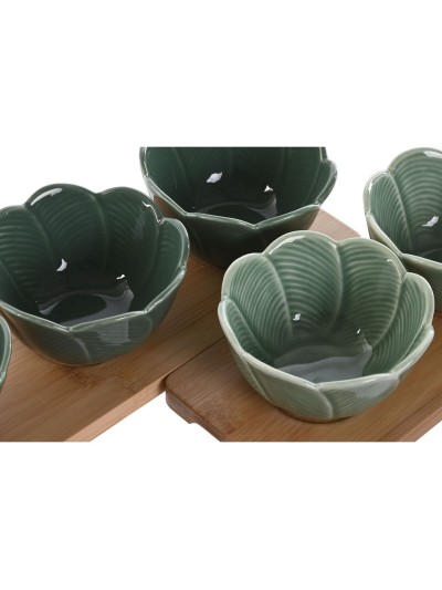 Set de Aperitivo Home ESPRIT Verde Verde oscuro Bambú Porcelana Tropical 4 Piezas 32 x 10 x 7 cm (2 Unidades)