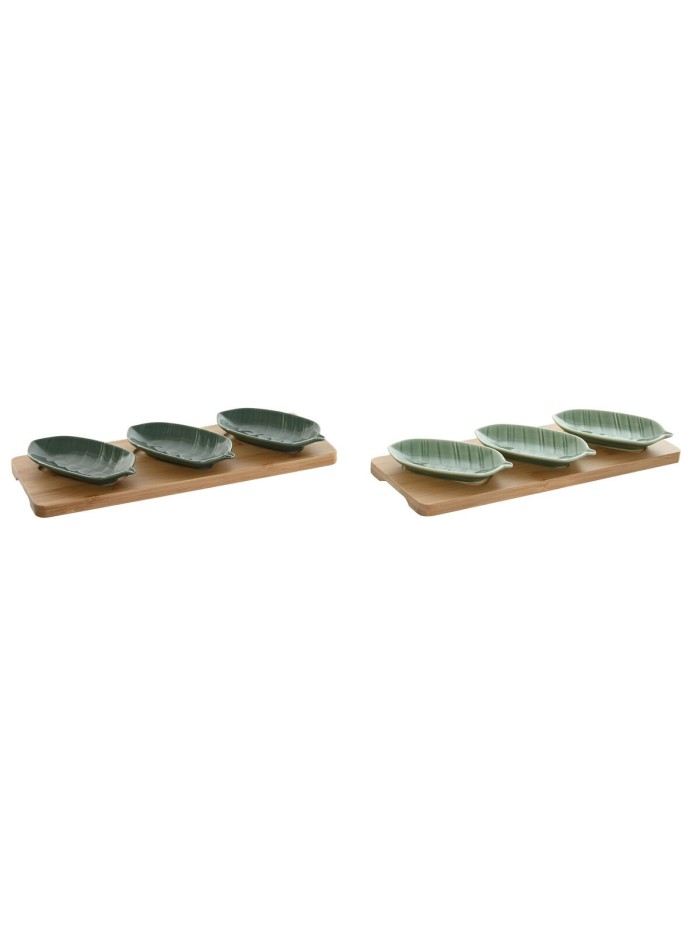 Set de Aperitivo Home ESPRIT Verde Verde oscuro Bambú Porcelana Tropical 4 Piezas 28,4 x 10,5 x 3 cm (2 Unidades)