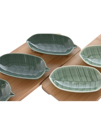 Set de Aperitivo Home ESPRIT Verde Verde oscuro Bambú Porcelana Tropical 4 Piezas 28,4 x 10,5 x 3 cm (2 Unidades)