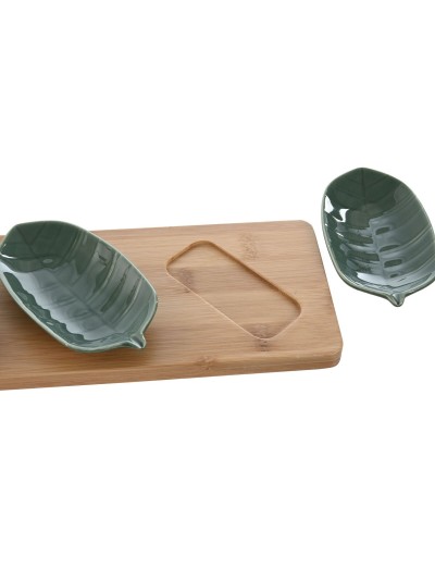 Set de Aperitivo Home ESPRIT Verde Verde oscuro Bambú Porcelana Tropical 4 Piezas 28,4 x 10,5 x 3 cm (2 Unidades)