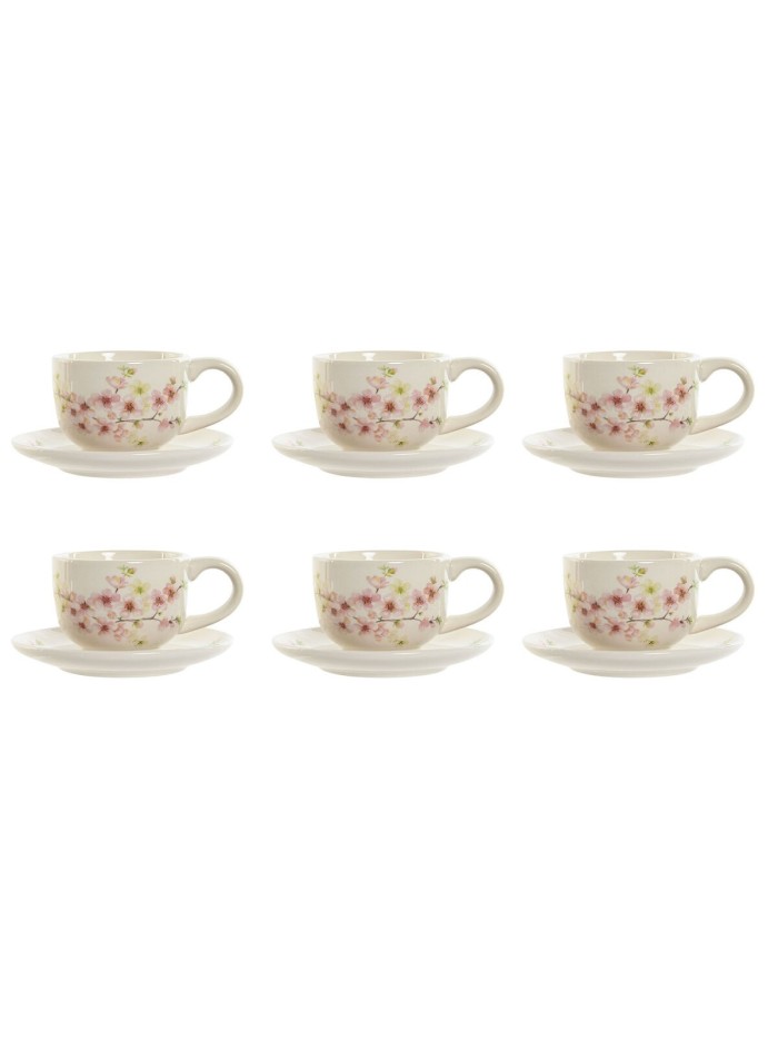 Set of 6 Cups with Plate Home ESPRIT Yellow White Pink Lilac Metal Dolomite 180 ml