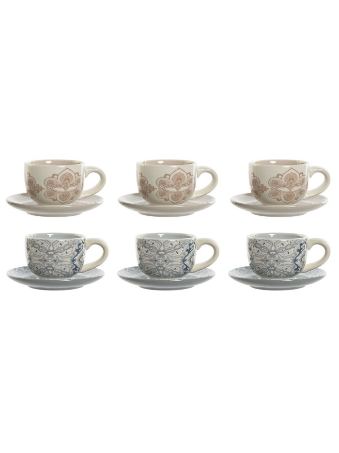 Set of Mugs with Saucers Home ESPRIT Blue Beige Metal Dolomite 180 ml 20 x 18 x 20 cm (2 Units)