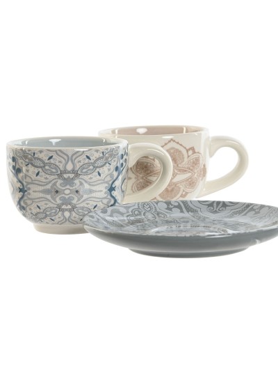 Juego de Tazas con Platos Home ESPRIT Azul Beige Metal Dolomita 180 ml 20 x 18 x 20 cm (2 Unidades)