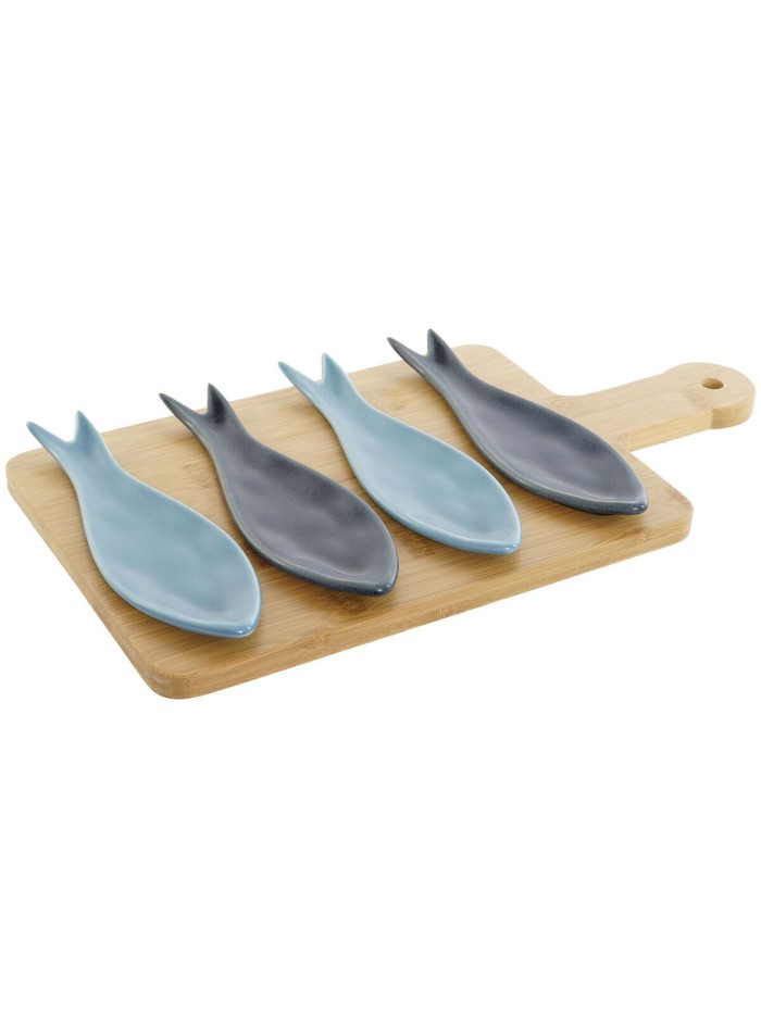 Ensemble à apértif Home ESPRIT Bleu Vert Blue marine Bambou Porcelaine méditerranéen Poissons 36 x 18 x 1,3 cm 5 Pièces
