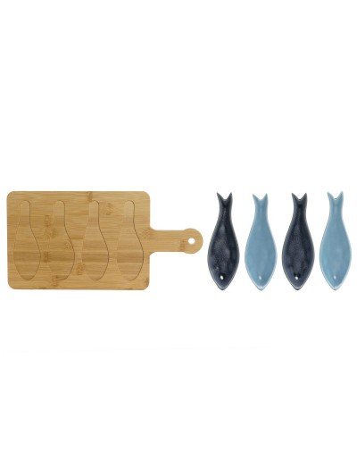 Set de Aperitivo Home ESPRIT Azul Verde Azul marino Bambú Porcelana Mediterráneo Peces 36 x 18 x 1,3 cm 5 Piezas