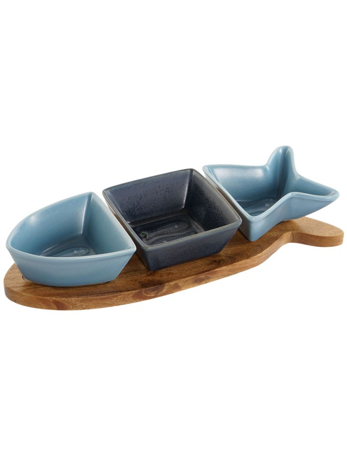 Set de Aperitivo Home ESPRIT Azul Azul marino Porcelana Acacia Pez Mediterráneo 28 x 9,7 x 1,3 cm 4 Piezas