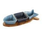 Appetizer Set Home ESPRIT Blue Navy Blue Porcelain Acacia Fish Mediterranean 28 x 9,7 x 1,3 cm 4 Pieces
