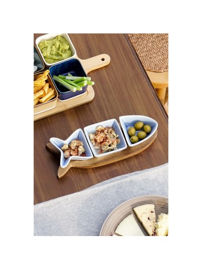Appetizer Set Home ESPRIT Blue Navy Blue Porcelain Acacia Fish Mediterranean 28 x 9,7 x 1,3 cm 4 Pieces