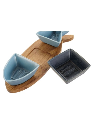 Appetizer Set Home ESPRIT Blue Navy Blue Porcelain Acacia Fish Mediterranean 28 x 9,7 x 1,3 cm 4 Pieces