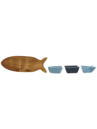 Ensemble à apértif Home ESPRIT Bleu Blue marine Porcelaine Acacia Poisson méditerranéen 28 x 9,7 x 1,3 cm 4 Pièces