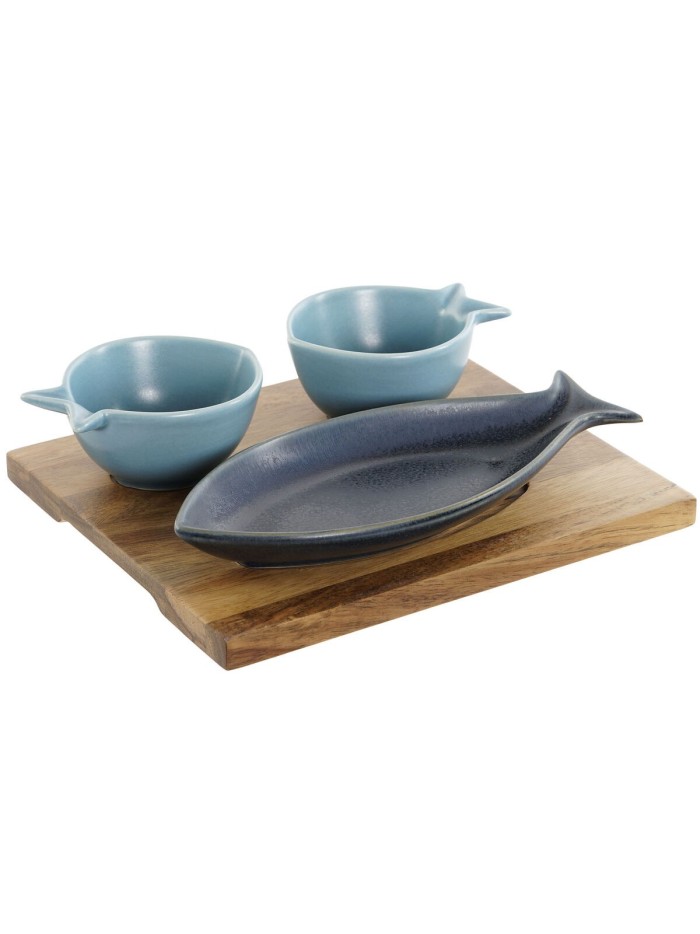 Appetizer Set Home ESPRIT Blue Sky blue Porcelain Acacia Mediterranean Fish 19,5 x 16,5 x 1,3 cm 4 Pieces