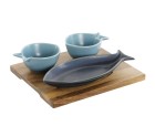 Ensemble à apértif Home ESPRIT Bleu Bleu ciel Porcelaine Acacia méditerranéen Poissons 19,5 x 16,5 x 1,3 cm 4 Pièces