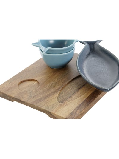 Ensemble à apértif Home ESPRIT Bleu Bleu ciel Porcelaine Acacia méditerranéen Poissons 19,5 x 16,5 x 1,3 cm 4 Pièces