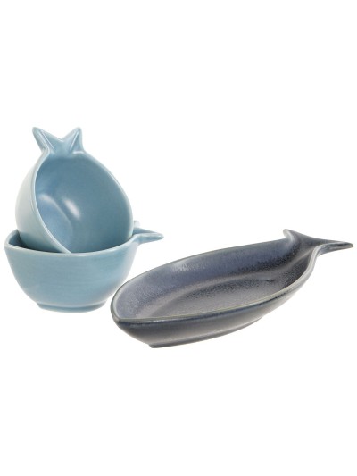Set de Aperitivo Home ESPRIT Azul Azul cielo Porcelana Acacia Mediterráneo Peces 19,5 x 16,5 x 1,3 cm 4 Piezas