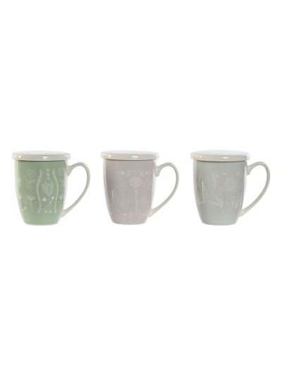 Tasse avec filtre pour infusions DKD Home Decor Bleu Vert Rose clair Acier inoxydable Porcelaine 380 ml (3 Unités)