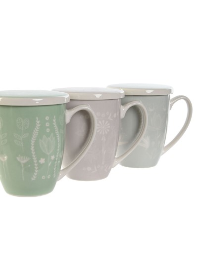 Cup with Tea Filter DKD Home Decor Blue Green Light Pink Stainless steel Porcelain 380 ml (3 Units)