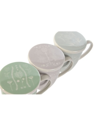 Cup with Tea Filter DKD Home Decor Blue Green Light Pink Stainless steel Porcelain 380 ml (3 Units)