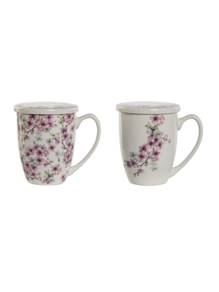 Taza con Filtro para Infusiones Home ESPRIT Azul Blanco Rosa Acero Inoxidable Porcelana 380 ml (2 Unidades)
