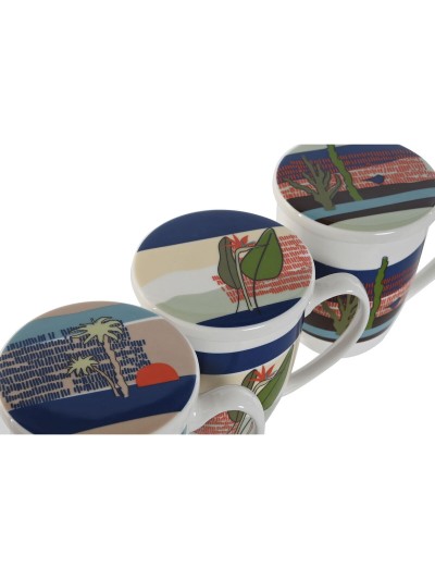 Taza con Filtro para Infusiones Home ESPRIT Azul Verde Acero Inoxidable Porcelana Tropical 380 ml (3 Unidades)