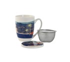 Taza con Filtro para Infusiones Home ESPRIT Azul Verde Acero Inoxidable Porcelana Tropical 380 ml (3 Unidades)