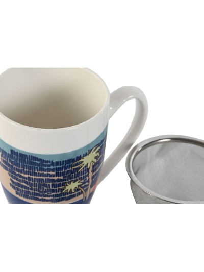 Taza con Filtro para Infusiones Home ESPRIT Azul Verde Acero Inoxidable Porcelana Tropical 380 ml (3 Unidades)