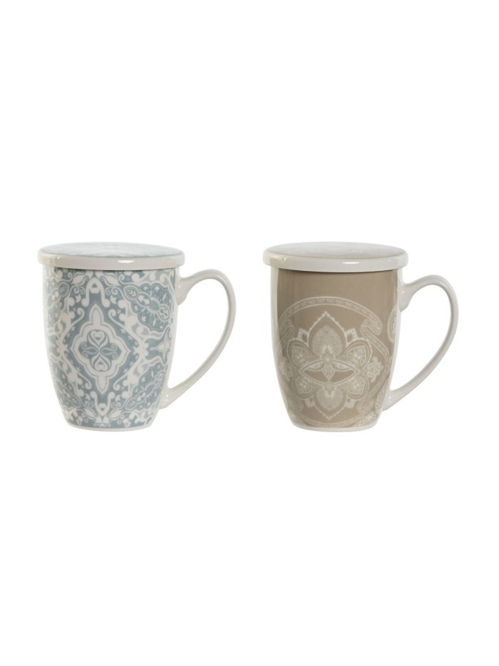 Tasse avec filtre pour infusions Home ESPRIT Bleu Beige Acier inoxydable Porcelaine 380 ml (2 Unités)