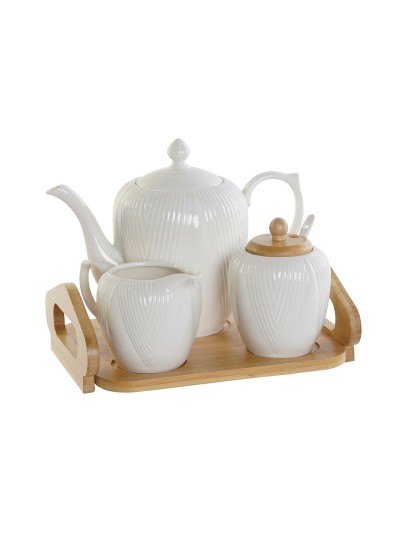 Théière DKD Home Decor Blanc Naturel Bambou Porcelaine