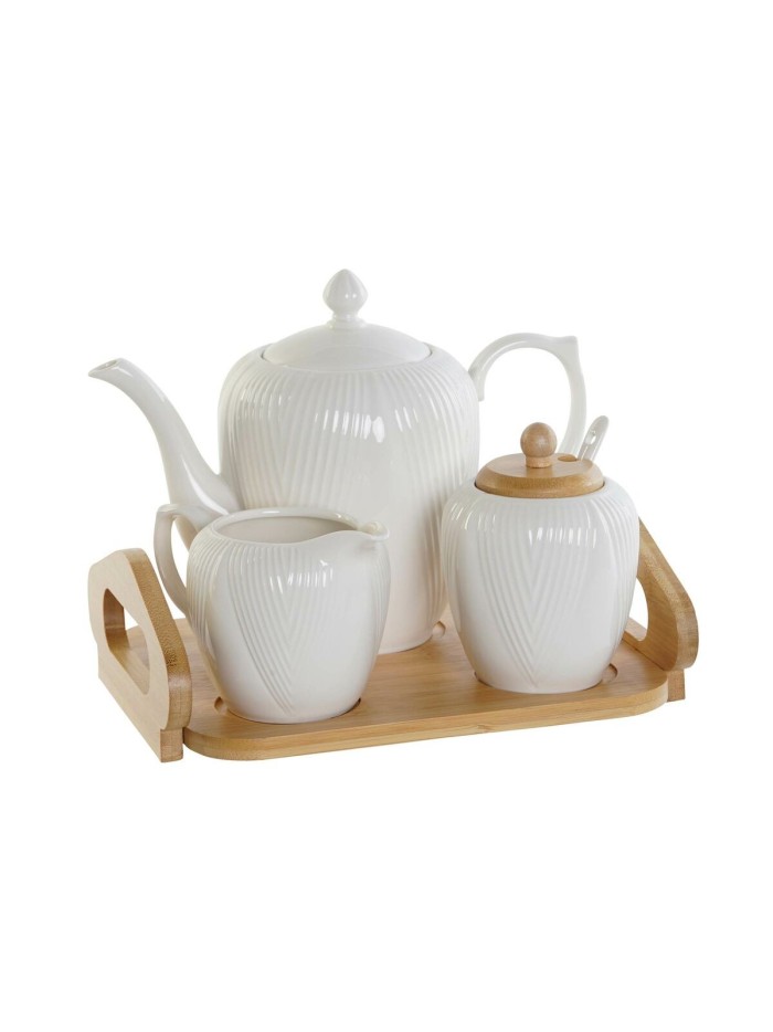 Teapot DKD Home Decor White Natural Bamboo Porcelain