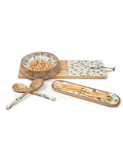 Bandeja de Aperitivos Romimex Blanco Verde Madera de mango Ovalada Hojas 40 x 2 x 10 cm