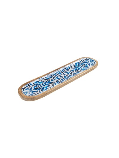 Snack tray Romimex Blue White Mango wood Oval 40 x 2 x 10 cm