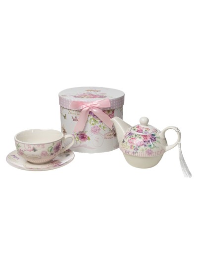 Jeu de Théière Romimex Mauve Céramique 300 ml Tasse avec sous-tasse 3 Pièces