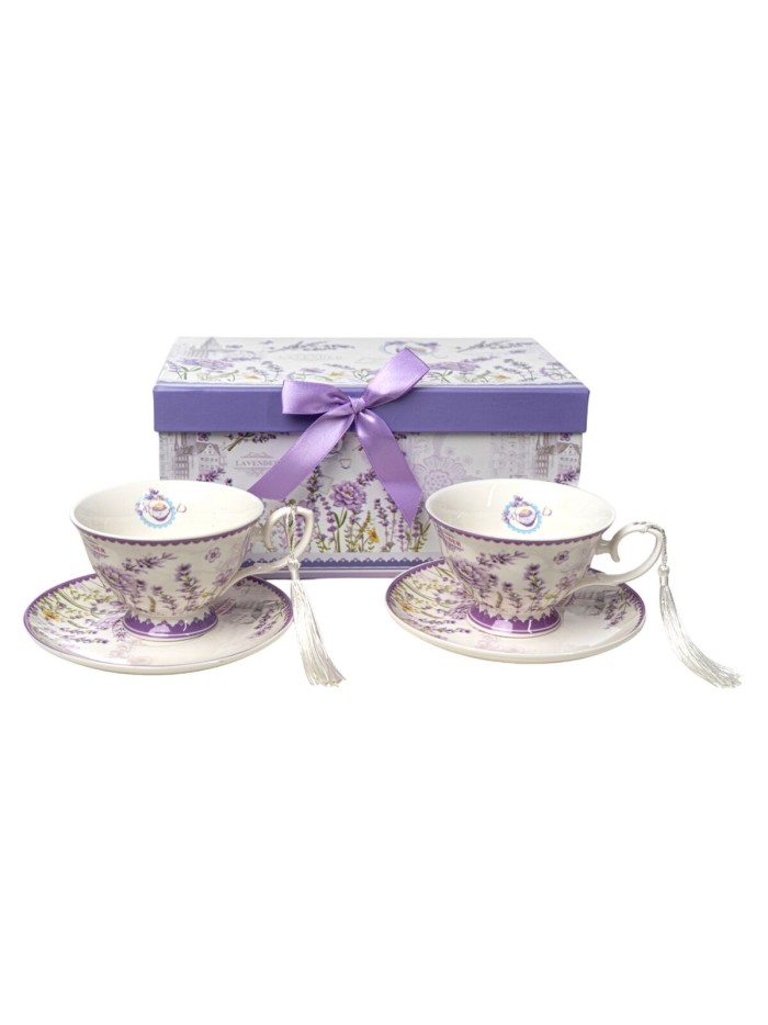 Set of Mugs with Saucers Romimex White Light mauve Ceramic 220 ml 2 Units