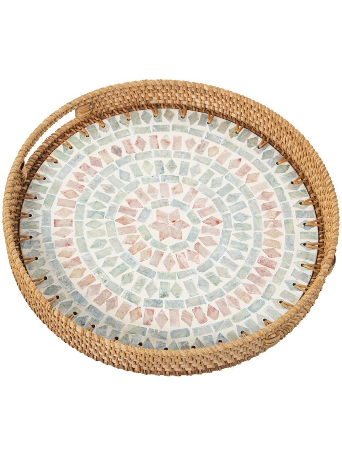 Plateau Alexandra House Living Multicouleur Rotin Nacre noire Ronde 33 x 35 x 33 cm