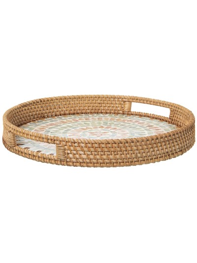 Plateau Alexandra House Living Multicouleur Rotin Nacre noire Ronde 33 x 35 x 33 cm