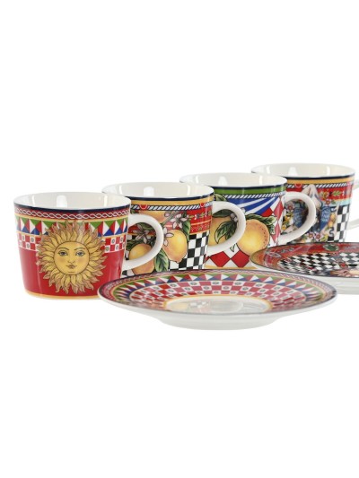 Juego de Tazas con Platos Home ESPRIT Amarillo Rojo Porcelana 12,5 x 12,5 x 1,5 cm (4 Unidades)