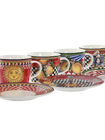 Juego de Tazas con Platos Home ESPRIT Amarillo Rojo Porcelana 220 ml 15,6 x 15,6 x 1,7 cm (4 Unidades)
