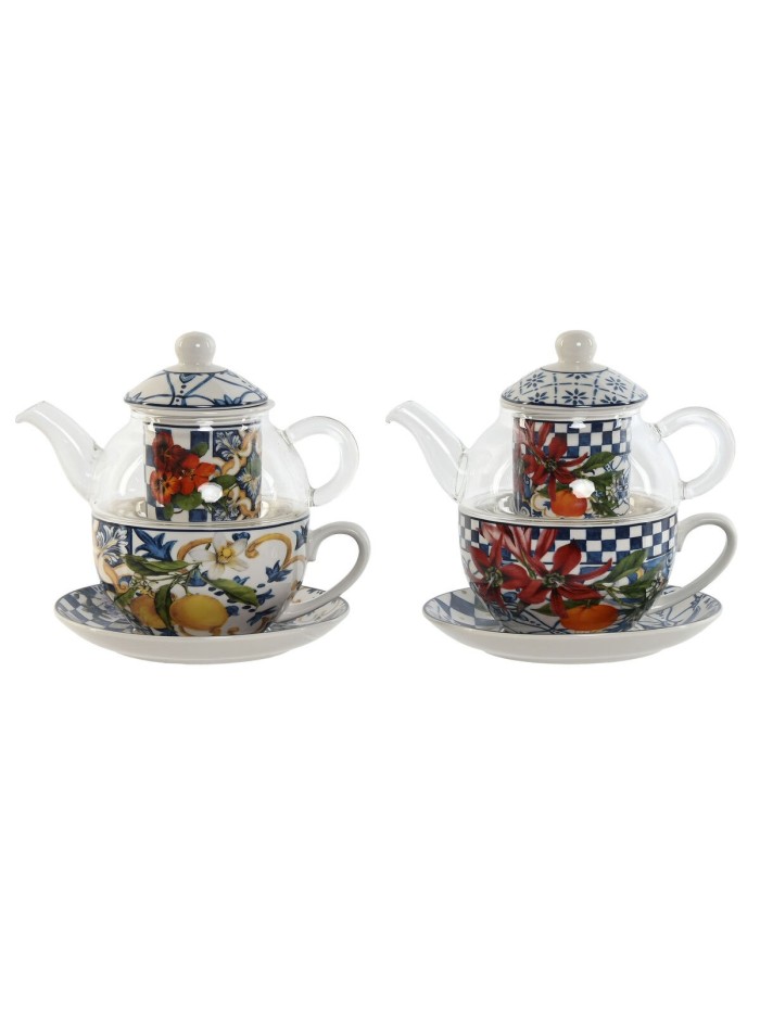 Tetera Home ESPRIT Azul Blanco Cristal Porcelana (2 Unidades)