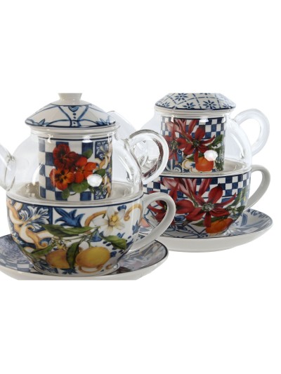 Théière Home ESPRIT Bleu Blanc Verre Porcelaine (2 Unités)