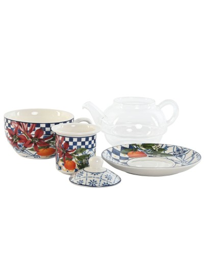 Tetera Home ESPRIT Azul Blanco Cristal Porcelana (2 Unidades)