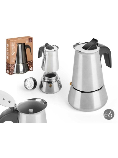 Italian Coffee Pot Black Silver Steel 6 Cups