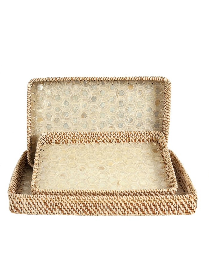 Set of trays Romimex Beige Rattan Mother of pearl 52 x 6 x 32 cm 3 Pieces