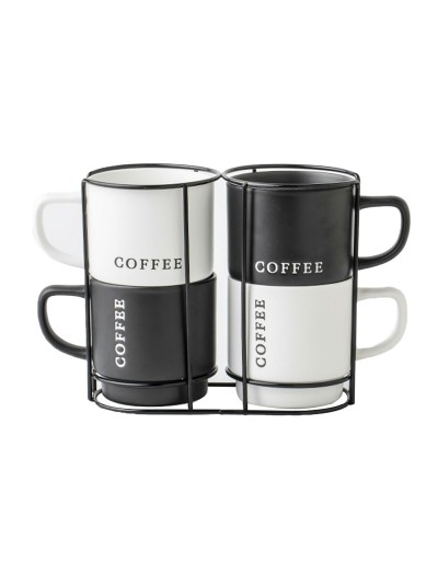 Juego de 4 Tazas Mug Home ESPRIT Blanco Negro Metal Porcelana 380 ml 13 x 9 x 9 cm