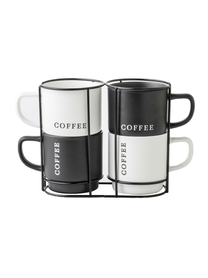 Juego de 4 Tazas Mug Home ESPRIT Blanco Negro Metal Porcelana 380 ml 13 x 9 x 9 cm
